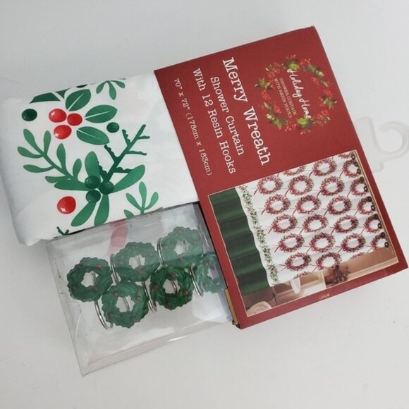 Merry Wreath Shower Curtain & Hook Set - Picture 1 of 7